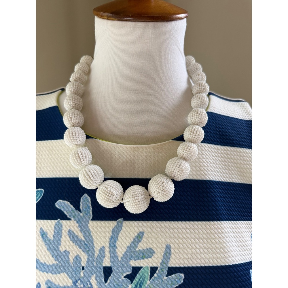J. Crew Graduated White Seed Bead Ball Statement Necklace Gold Tone Adjustable